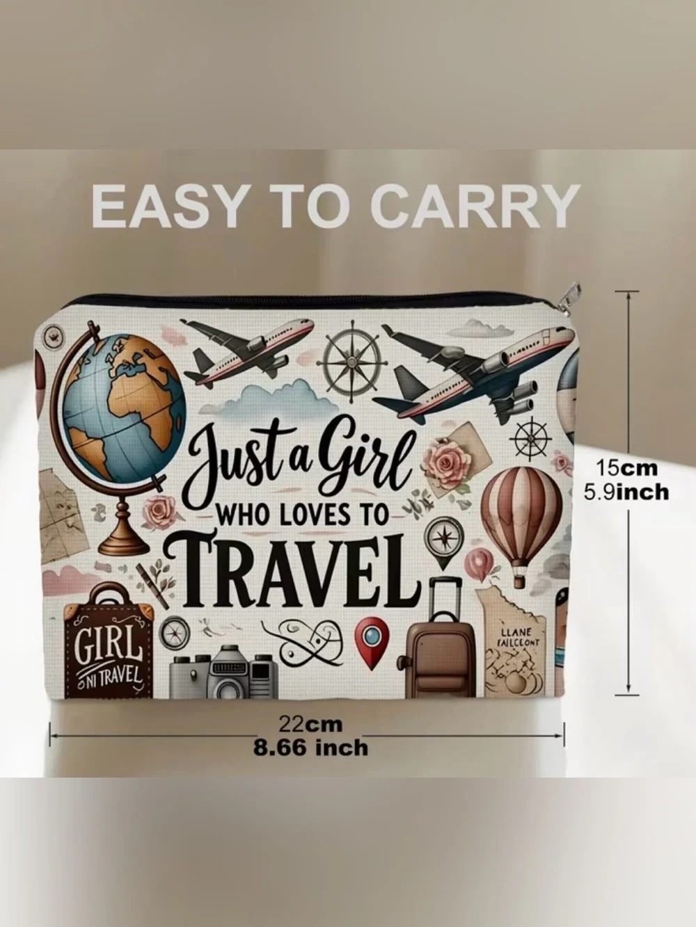Just a Girl Who Loves to Travel Cosmetic Zip Pouch - White Travel Print